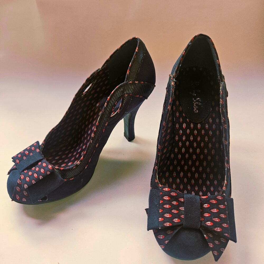 Ruby Shoo Navy Blue Bow 40s Style Heel Court Shoe Size 8 Retro Vintage